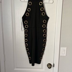 Black Grommet-Detail Midi Dress with Gold Hardware